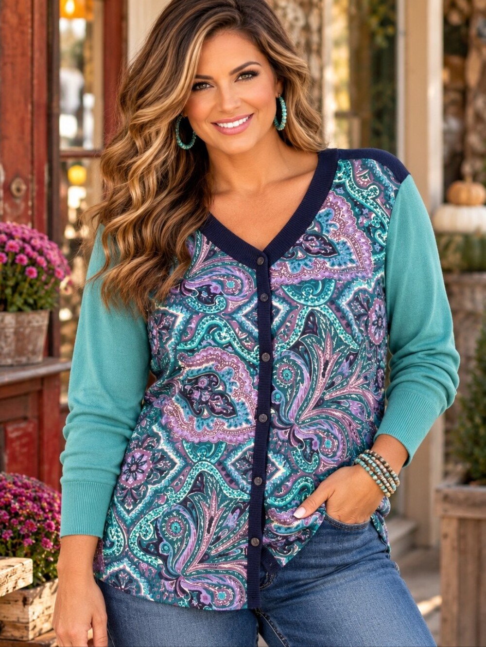 Talbots XL Paisley Colorblock Cardigan Teal Purple Cotton Rayon Button Front